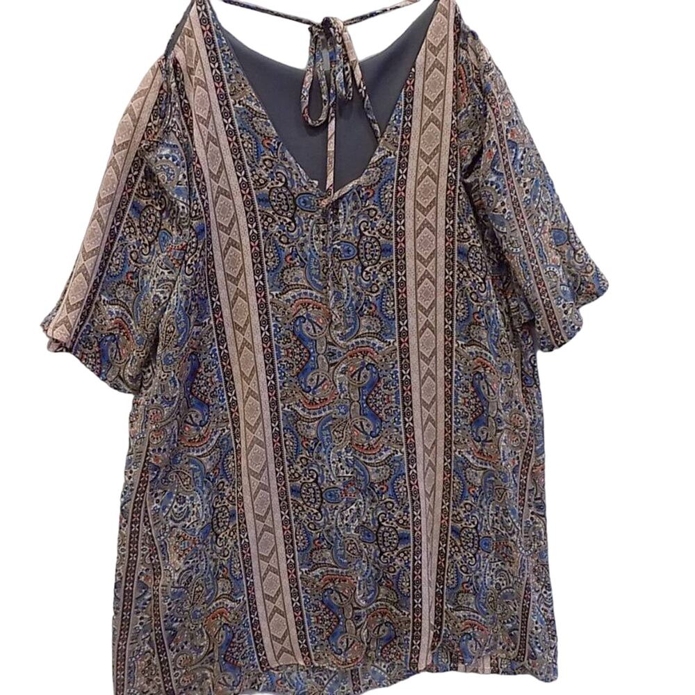 Women’s tan & blue cold shoulder cross back strappy spring mini dress